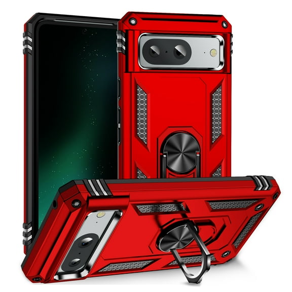 Compatible with Google Pixel 8A Case,with 38A0 Ring Holder Kickstand Card case, Armor Shockproof Hybrid Silicone TPU PC Rugged Case, Magnetic with Car Mount (for Google Pixel 8A),Red