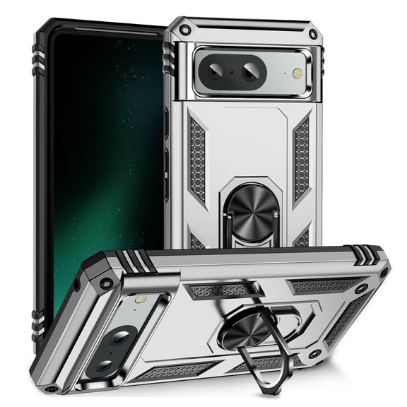 Compatible with Google Pixel 8A Protective Case,Heavy Duty Shockproof Armor Phone Case with 360° Rotating Metal Ring Holder Kickstand Military Grade Protection Rugged Cover,Silver