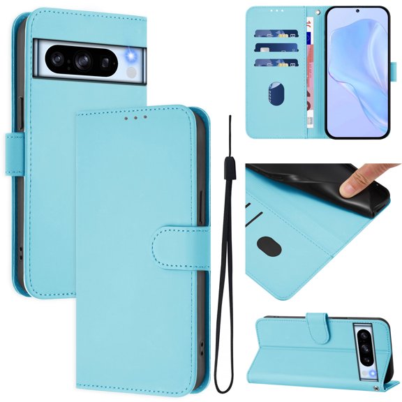 Compatible with Google Pixel 8A Wallet Case with RFID Blocking Credit Card Holder, PU Leather Folio Flip Kickstand Protective Shockproof Anti-fall Phone Case Cover Women Men,Skyblue