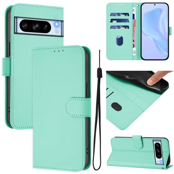 Compatible with Google Pixel 8A Wallet Case with RFID Blocking Credit Card Holder, PU Leather Folio Flip Kickstand Protective Shockproof Anti-fall Phone Case Cover Women Men,Mint