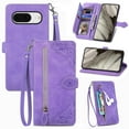 thumbnail image 1 of Compatible for Google Pixel 8A Wallet Case for Women Girls with Card Holder - Retro Embossed Flower Zipper Wallet PU Leather Flip Cover with Detachable Wrist Hand Strap, Purple, 1 of 9