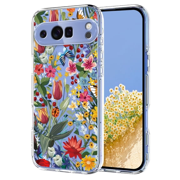 Compatible with Google Pixel 9 / 9 Pro Case Clear with Flower Design, Cute Soft Silicone TPU Floral Aesthetic Women Girls Transparent Protective Shockproof Anti-Scratch Anti-Yellow Phone Cover, D