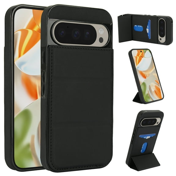Compatible with Google Pixel 9 / 9 Pro Case, with PU Leather Credit Card Holder Magnetic Back Stand Rugged Slot Mobile Flip Purse Phone Cover for Google Pixel 9 / 9 Pro Women Men - Black