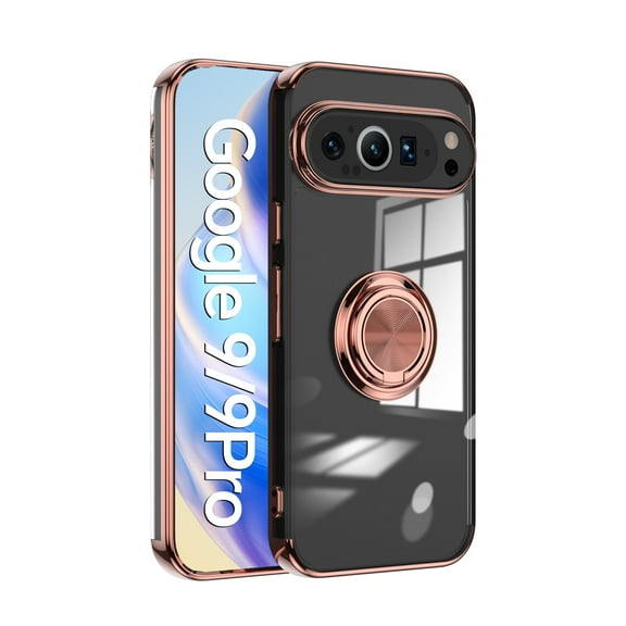 Compatible with Google Pixel 9 / 9 Pro, with Ring Holder Kickstand Clear Soft Silicone with Car Magnetic Shockproof TPU Cover Transparent Phone Case Slim Thin for Google Pixel 9 / 9 Pro, Rosegold