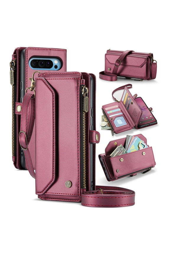 Compatible with Google Pixel 9 / 9 Pro Wallet Case, 10 Card Slots & 1 Zipper Coin Pocket & 1 Cash Slot & 1 Cash Pocket & Lanyard & Crossbody Strap & Kickstand & RFID Blocking Phone Case, Winered