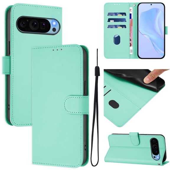 Compatible with Google Pixel 9 / 9 Pro Wallet Case with RFID Blocking Credit Card Holder, PU Leather Folio Flip Kickstand Protective Shockproof Anti-fall Phone Case Cover Women Men,Mint