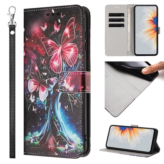 Compatible with Google Pixel 9 / 9 Pro Wallet Case for Women Girls, Garden Flower Pattern Design PU Leather Flip Cover with Card Holder Kickstand Wrist Strap Protective Phone Case, Butterfly Tree