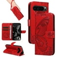 thumbnail image 1 of Compatible With Google Pixel 9 / 9 Pro Wallet Phone Case,Embossed Butterfly Designing,With Wrist Strap,Card Slots,Kickstand,PU Leather Flip Shockproof Anti-fall Phone Case Cover,Red, 1 of 9