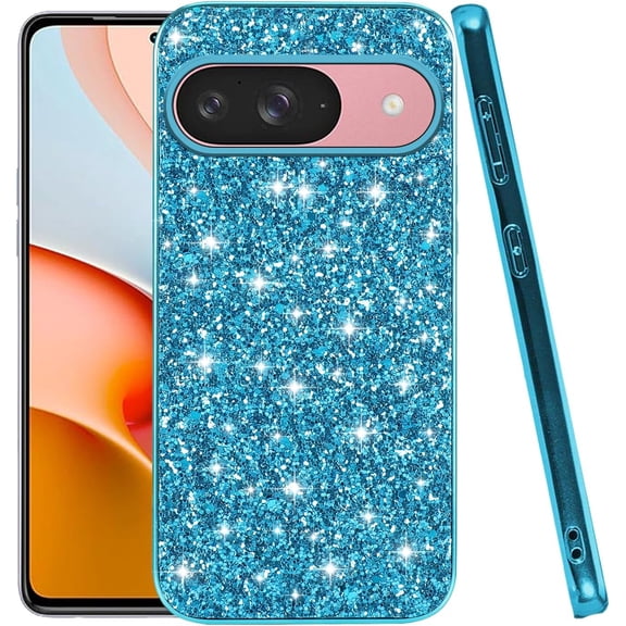 Compatible with Google Pixel 9 Case Glitter Shockproof, Google Pixel 9 Phone Case Bling Sparkly TPU and PC Silicone Shiny Girl Women Thin Protective Cover (Blue)