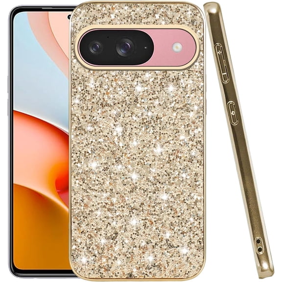 Compatible with Google Pixel 9 Case Glitter Shockproof, for Google Pixel 9 Phone Case Bling Sparkly TPU and PC Silicone Shiny Girl Women Thin Protective Cover (Gold)
