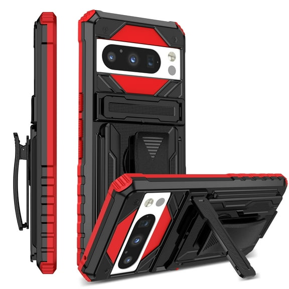 Compatible with Google Pixel 9 / 9 Pro Back Case, 360 Rotating Removable Belt Clip & Hidden Kickstand & Hard PC + Soft TPU & Anti-fall & Shock Absorption Phone Case for Google Pixel 9 / 9 Pro, Red