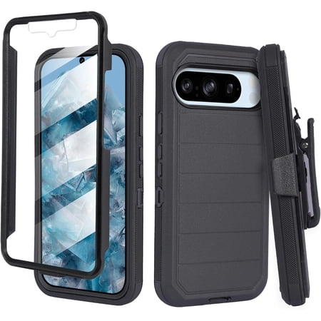 Compatible for Google Pixel 9 Pro Built in Screen Protection Shockproof Dual Layer Rugged Protective Case Belt Clip with Holster & Kickstand (Pro Black)