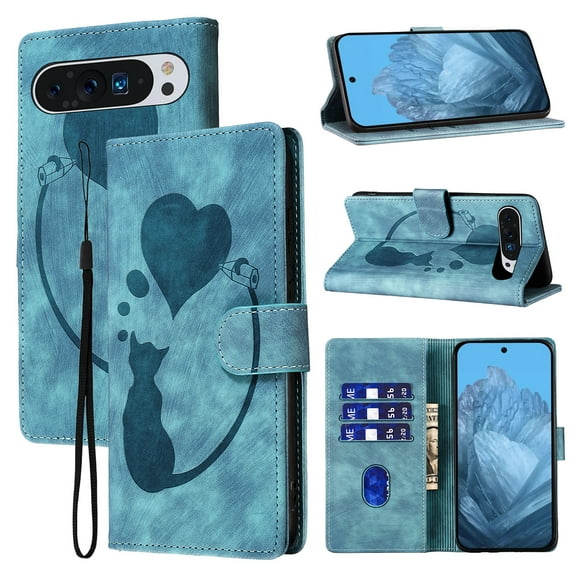 Compatible with Google Pixel 9 Pro Case Wallet Case with Kickstand Credit Card Holder Slot,Cute Cat & Love Heart Embossed Cover,Magnetic Closure Wrist Strap Luxury PU Leather Case,Blue