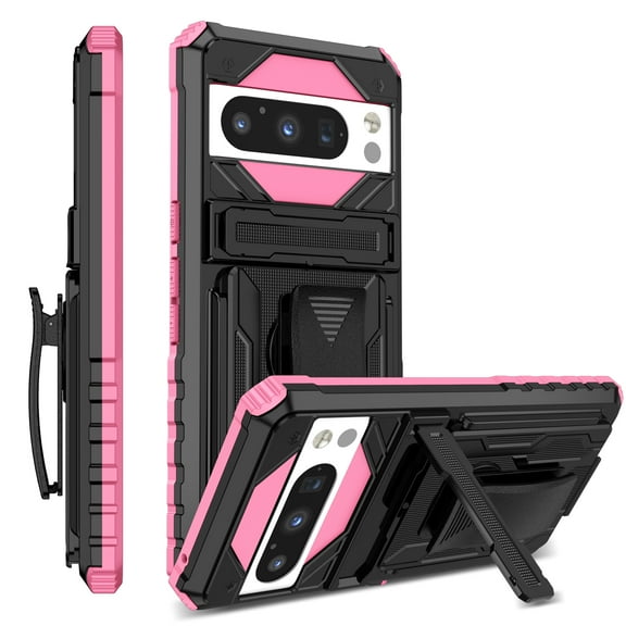 Compatible with Google Pixel 9 Pro XL Back Case, 360 Rotating Removable Belt Clip & Hidden Kickstand & Hard PC + Soft TPU & Anti-fall & Shock Absorption Phone Case for Google Pixel 9 Pro XL, Pink
