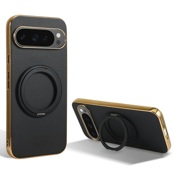 Compatible with Google Pixel 9 Pro XL, Rotating Magnetic Stand Ring Holder Shockproof Slim Cell Cover Protective, PU Leather Magsafe Plating Phone Cover Case for Google Pixel 9 Pro XL -  Black