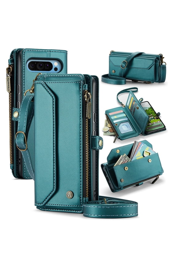 Compatible with Google Pixel 9 Pro XL Wallet Case, 10 Card Slots & 1 Zipper Coin Pocket & 1 Cash Slot & 1 Cash Pocket & Lanyard & Crossbody Strap & Kickstand & RFID Blocking Phone Case, Green
