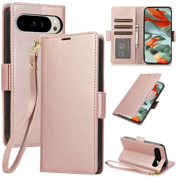 Compatible with Google Pixel 9 Pro XL Wallet Case with Credit Card Holder & Cash Slot, RFID Blocking Durable PU Leather Flip Magnetic Protective Stand Cover Wrist Strap Women Men,Rosegold