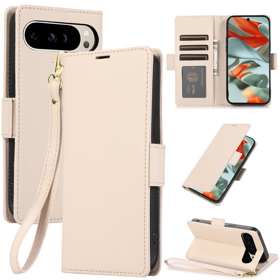 Compatible with Google Pixel 9 Pro XL Wallet Case with Credit Card Holder & Cash Slot, RFID Blocking Durable PU Leather Flip Magnetic Protective Stand Cover Wrist Strap Women Men,Apricot