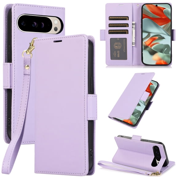 Compatible with Google Pixel 9 Pro XL Wallet Case with Credit Card Holder & Cash Slot, RFID Blocking Durable PU Leather Flip Magnetic Protective Stand Cover Wrist Strap Women Men,Purple