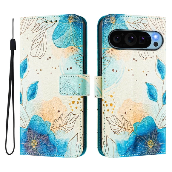 Compatible for Google Pixel 9 Pro XL Wallet Case, Painting Pattern Premium PU Leather [Credit Card Holder] [Wrist Strap] Flip Stand Feature Purse Case Full Protective Pattern Cover, Blue Painting