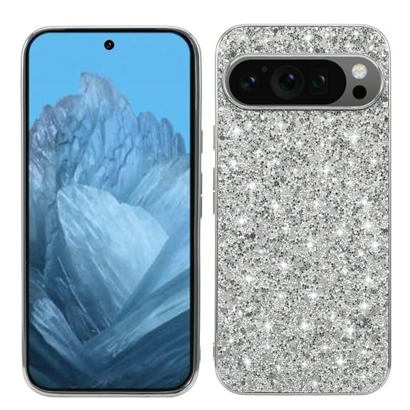 Compatible with Google Pixel 9A Glitter Plating Case, Luxury Bling Sparkly Shiny Cute Soft TPU Plating Bumper Raised Camera Shockproof Back Cover Wireless Charging for Women Girl, Silver