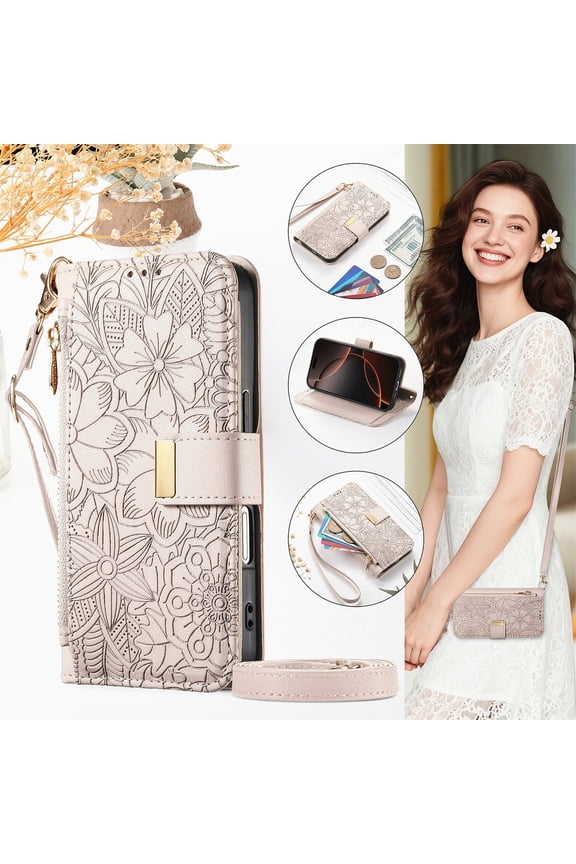 Compatible with Google Pixel 9A Wallet Case/Card Holder,RFID Blocking PU Leather Magnetic Clasp Case Flip Stand Cover Wrist Strap Zipper Coin Slot Embossed Flower Shockproof Case,Beige