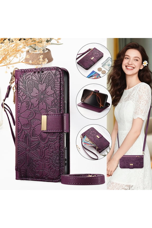 Compatible with Google Pixel 9A Wallet Case/Card Holder,RFID Blocking PU Leather Magnetic Clasp Case Flip Stand Cover Wrist Strap Zipper Coin Slot Embossed Flower Shockproof Case,Purple