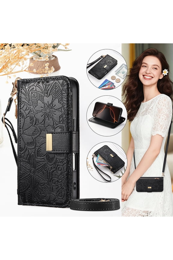Compatible with Google Pixel 9A Wallet Case/Card Holder,RFID Blocking PU Leather Magnetic Clasp Case Flip Stand Cover Wrist Strap Zipper Coin Slot Embossed Flower Shockproof Case,Black