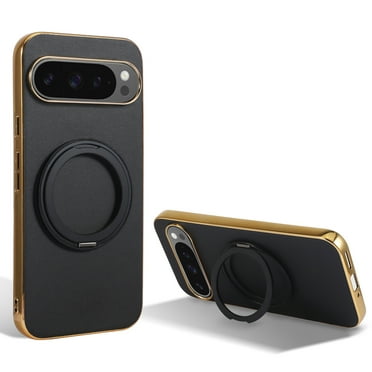 Compatible with Google Pixel 9a, Rotating Magnetic Stand Ring Holder Shockproof Slim Cell Cover Protective, PU Leather Magsafe Plating Phone Cover Case for Google Pixel 9a - Black