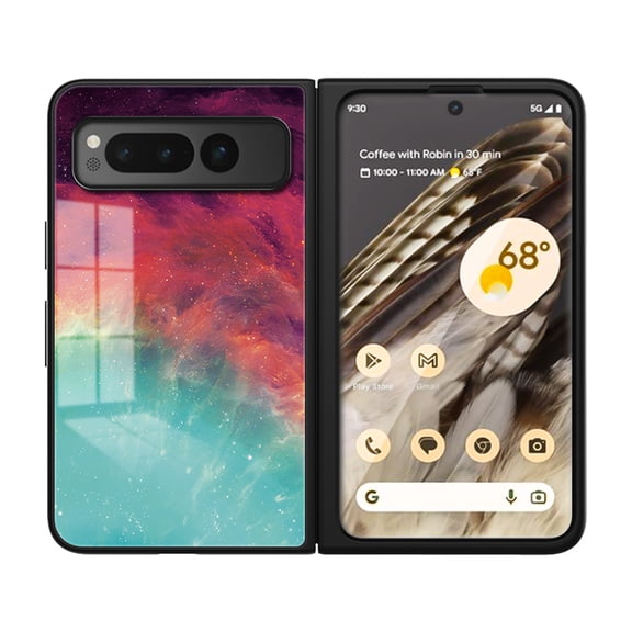 Compatible with Google Pixel Fold Case,Cute Starry Sky Patterned  Fashionable Tempered Glass Back with Soft Silicone Bumper Lightweight Protective Phone Case,Colorful