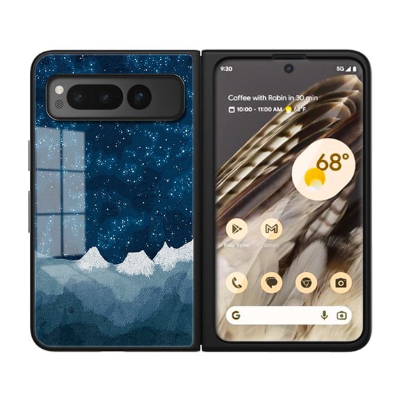 Compatible with Google Pixel Fold Case,Cute Starry Sky Patterned  Fashionable Tempered Glass Back with Soft Silicone Bumper Lightweight Protective Phone Case,Wave