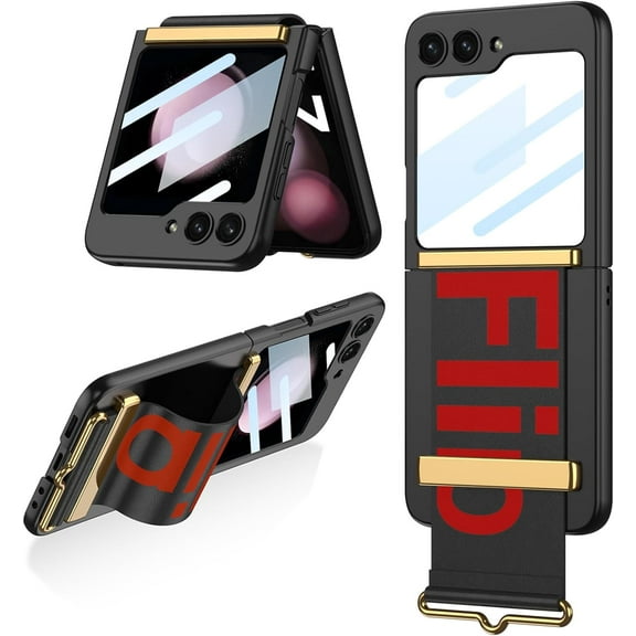 Compatible Hand Strap Case for Samsung Galaxy Z Flip 5 Wristband Case with Camera Screen Protector,Shockproof PU Leather Cover Protective Flip Phone Case for Samsung Flip 5 5g Case Stand Black