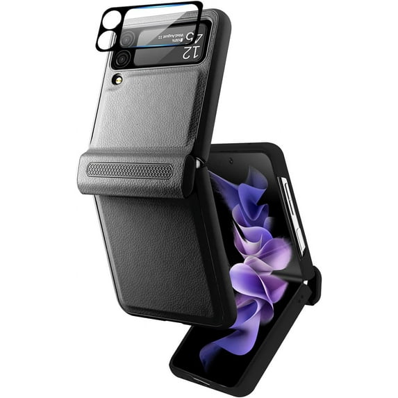 Compatible Hinged Case for Samsung Galaxy Z Flip 3 with Screen Protector, Heavy-Duty Shockproof PU Leather +Hard PC Galaxy Flip 3 Case Protective Cover Samsung Z Flip 3 Case Women Men-Black