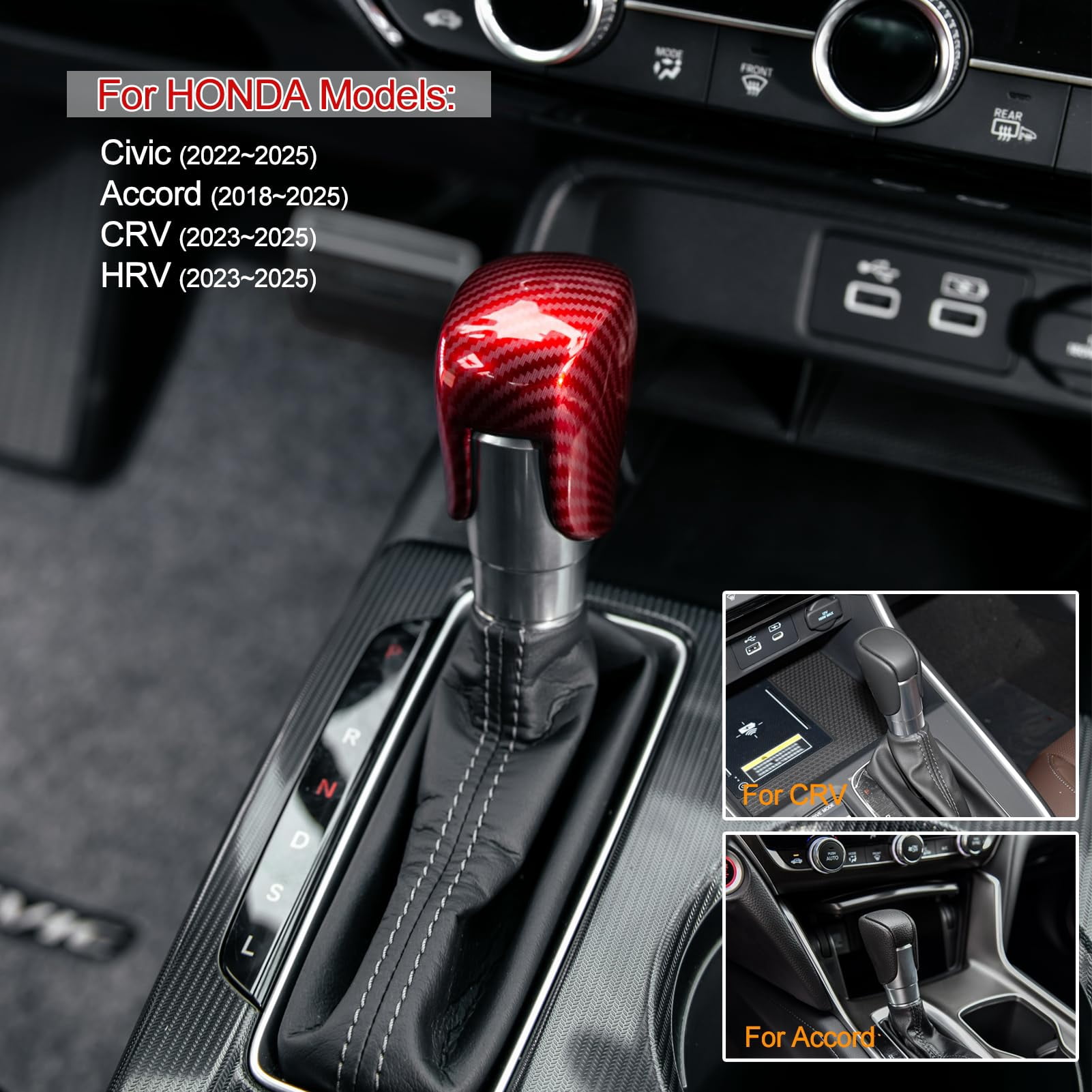 Compatible with Honda Civic 2022 2023 2024 2025 2026 for CRV HRV 2023 2024 2025 2026 for Accord 2018-2024 2025 2026 Accessories Car Center Console Gear Shift Knob Cover Trim Cap -Red Carbon