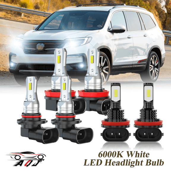 Compatible with Honda Pilot 2006-2018 LED Headlight Bulbs Kit High Low Beam + Foglights Combo(Pack of 6) , 6500K White 10,000LM Super Bright, Plug and Play