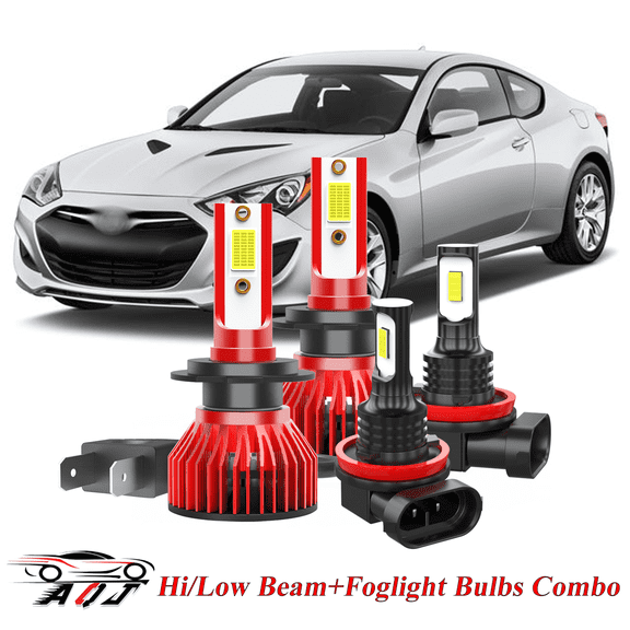 Compatible with Hyundai Genesis Coupe 2013 2014 2015 2016 Lamp Set Headlight + Foglight Combo 4 Pack - 30,000LM 6500K Cool White 600% Ultra-Bright Bulb, Plug & Play