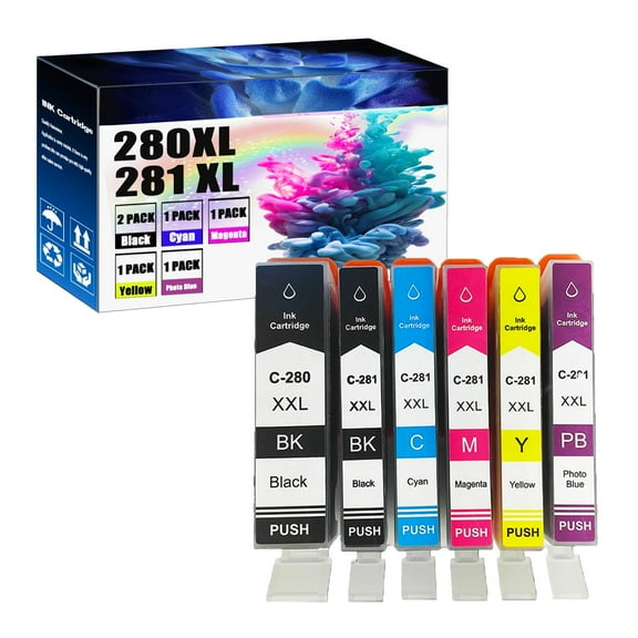 Compatible Ink Cartridge PGI-280XL CLI-281XL Ink Cartridges Replacements for Canon TR7500 TR8500 TR8620TS6300 TS8100 TS8200 TS8300 TS9100 Printers 6-Pack