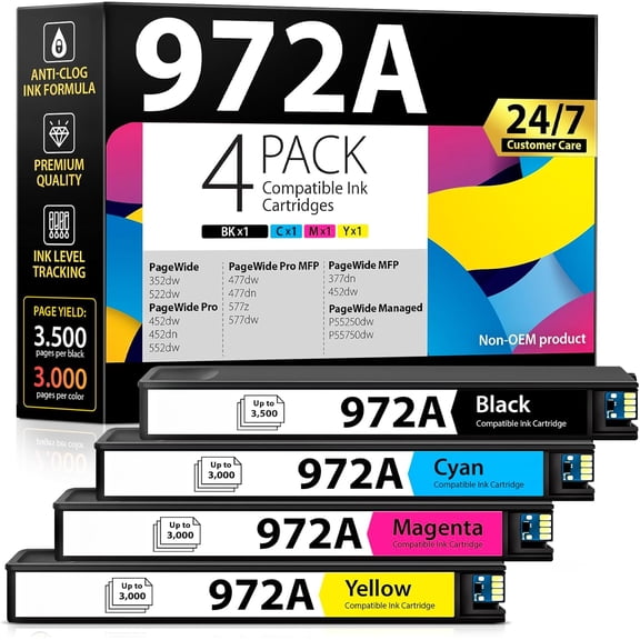Compatible Ink Cartridges Replacement for HP 972A 972 A (4 Pack Combo) to use with PageWide Pro 477dw 577dw 452dw 477dn 452dn 577z 552dw 377dw P55250dw Printers (Black & Cyan Magenta Yellow)