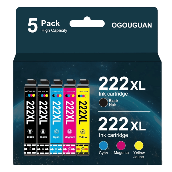 222XL Ink Cartridges, 5-Pack (2 Black, 1 Cyan, 1 Magenta, 1 Yellow)  Compatible Replacement for XP-5200 and WF-2960 Printers