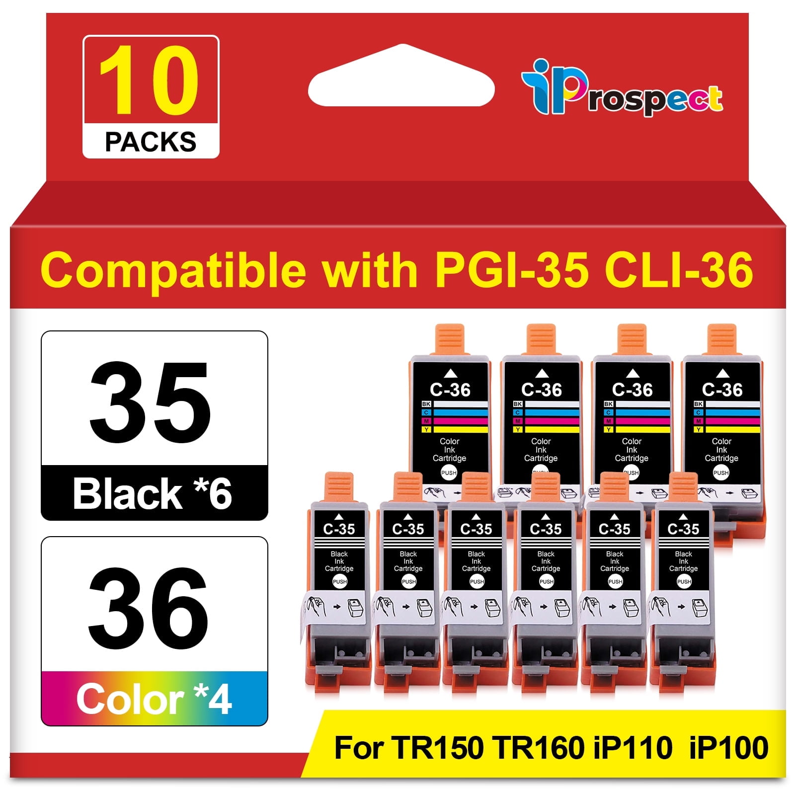 Compatible PGI-35 CLI-36 Ink Cartridges 10 Pack Replacement for Canon Printer Ink 35 36 Work with Canon Pixma iP110 iP100 TR150 TR160 Printers, 6 Black & 4 Color