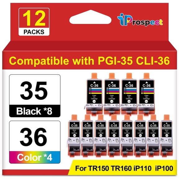 PGI-35 CLI-36 Ink Cartridges Black and Color Value Pack Compatible Replacement for Canon iP100, iP110, TR150 TR160 Printers, 8BK 4Tri-C 35 36 Ink Cartridges