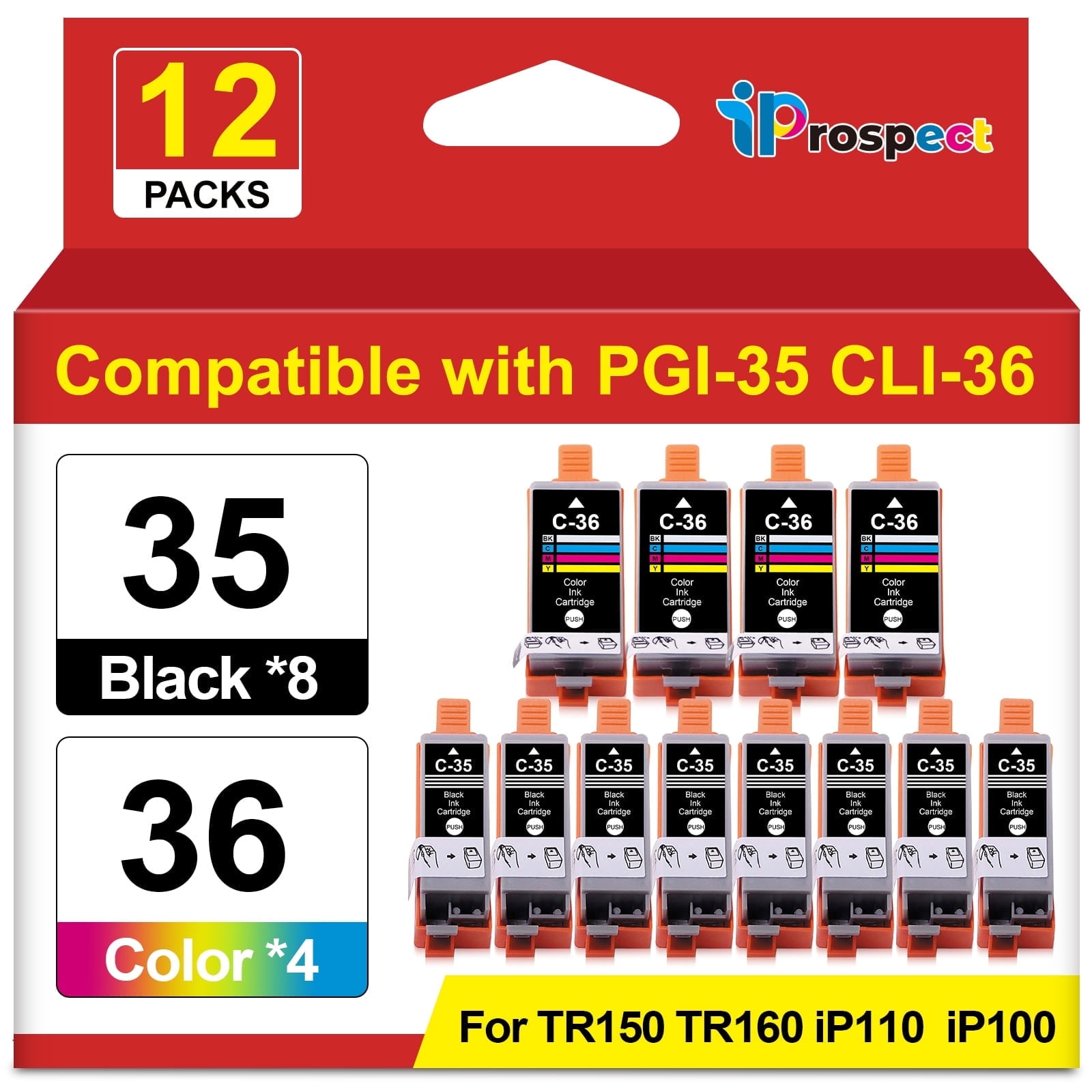 PGI-35 CLI-36 Ink Cartridges Black and Color Value Pack Compatible Replacement for Canon iP100, iP110, TR150 TR160 Printers, 8BK 4Tri-C 35 36 Ink Cartridges