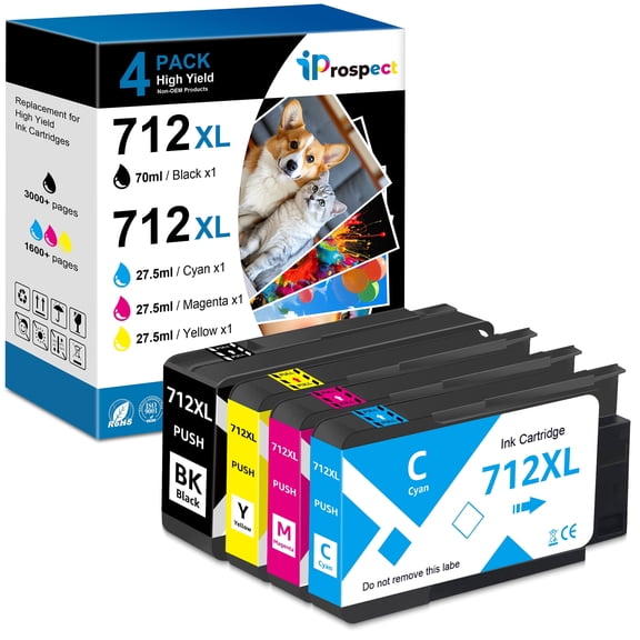 Compatible  712XL Ink Cartridges High Yield Replacement for  712 712XL for  DesignJet T650 T630 T230 T210 Studio Plotter Printer (4 Pack, Black, Cyan, Yellow, Magenta)