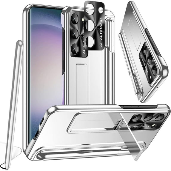 Compatible Kickstand Case for Samsung Galaxy S23 Case with S Pen & S Pen Holder,4 in 1 Shockproof Eletroplating Protective Camera Protector Case for Galaxy S23 Case,Samsung S23 Stand Case Silver