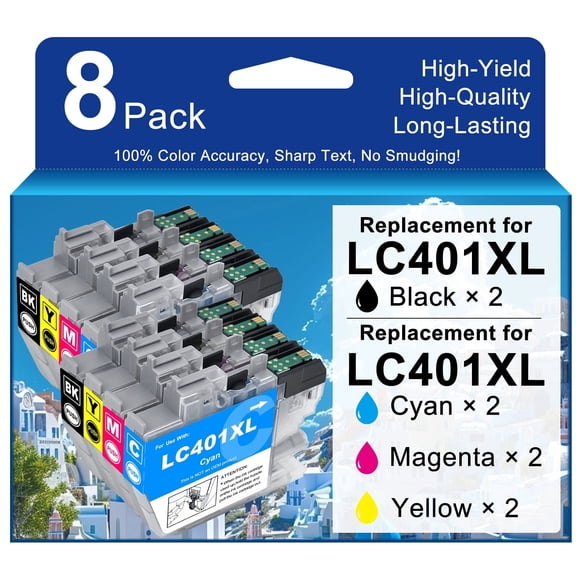 Compatible for LC401XL Ink Cartridge Replacement for LC401XL LC 401 XL High Yield Ink Cartridges Work with MFC-J1010 MFC-J1012 MFC-J1170 MFC-J1800(BK,C,M,Y-8 Pack)