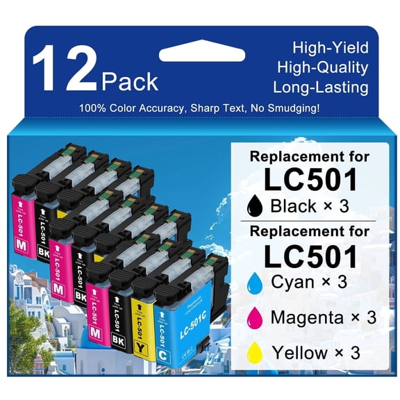 Compatible for LC501 Ink Cartridges Combo Pack Replacement for LC 501 High Yield Work with MFC-J1260DW MFC-J1360DW MFC-J1410DW Printer (12Pack-3 Black/3 Cyan/3 Magenta/3 Yellow)