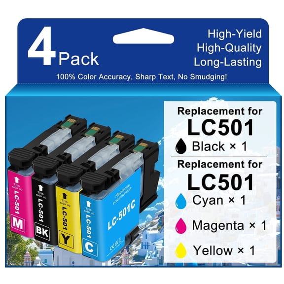 Compatible for LC501 Ink Cartridges Combo Pack Replacement for LC 501 High Yield Work with MFC-J1260DW MFC-J1360DW MFC-J1410DW Printer (4 Pack-1 Black/1 Cyan/1 Magenta/1 Yellow)