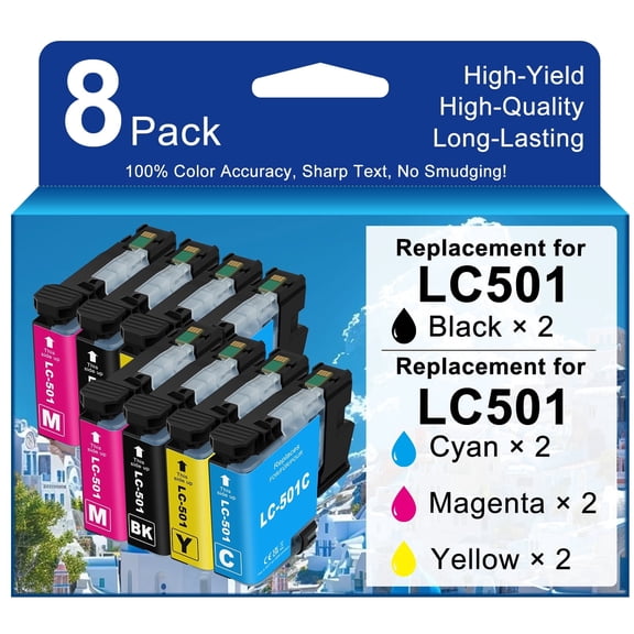 Compatible for LC501 Ink Cartridges Combo Pack Replacement for LC 501 High Yield Work with MFC-J1260DW MFC-J1360DW MFC-J1410DW Printer (8 Pack-2 Black/2 Cyan/2 Magenta/2 Yellow)