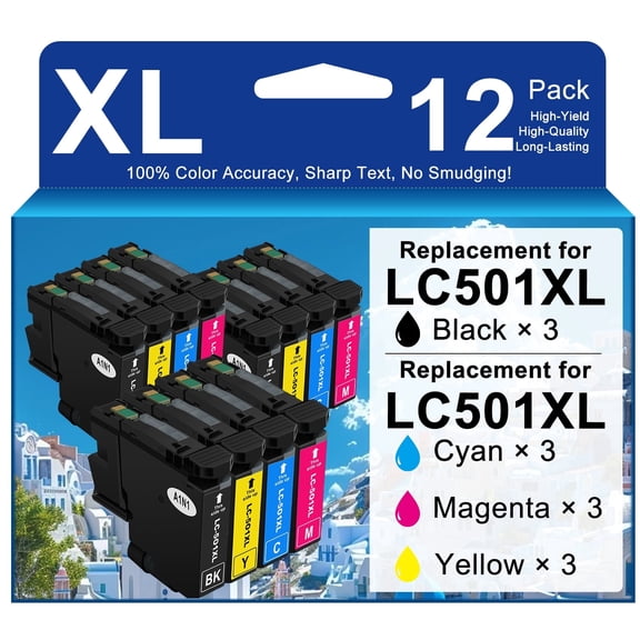 Compatible for LC501XL Ink Cartridges Combo Pack Replacement for LC 501XL High Yield Work with MFC-J1260DW MFC-J1360DW MFC-J1410DW Printer (12Pack-3 Black/3 Cyan/3 Magenta/3 Yellow)