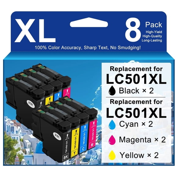 Compatible for LC501XL Ink Cartridges Combo Pack Replacement for LC 501XL High Yield Work with MFC-J1260DW MFC-J1360DW MFC-J1410DW Printer (8 Pack-2 Black/2 Cyan/2 Magenta/2 Yellow)